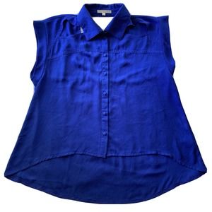 Mono Blouse Womens Sz Small Royal Blue Sleeveless Button Front Back Cutout Hi Lo
